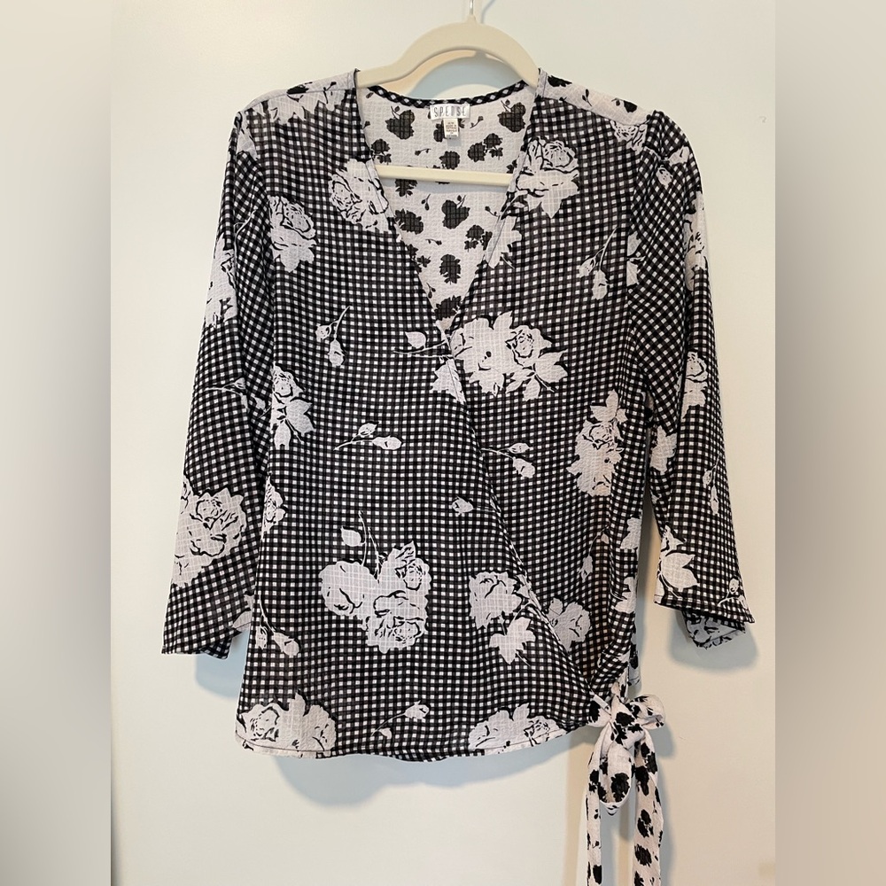 Spense Black and White Checkered Floral Blouse